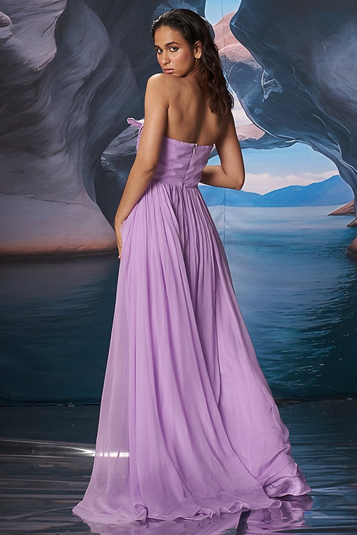 Lilac Chiffon Floral Embroidered Maxi Vacation Dress by AMRTA By Guneet Kondal at Pernia's Pop Up Shop