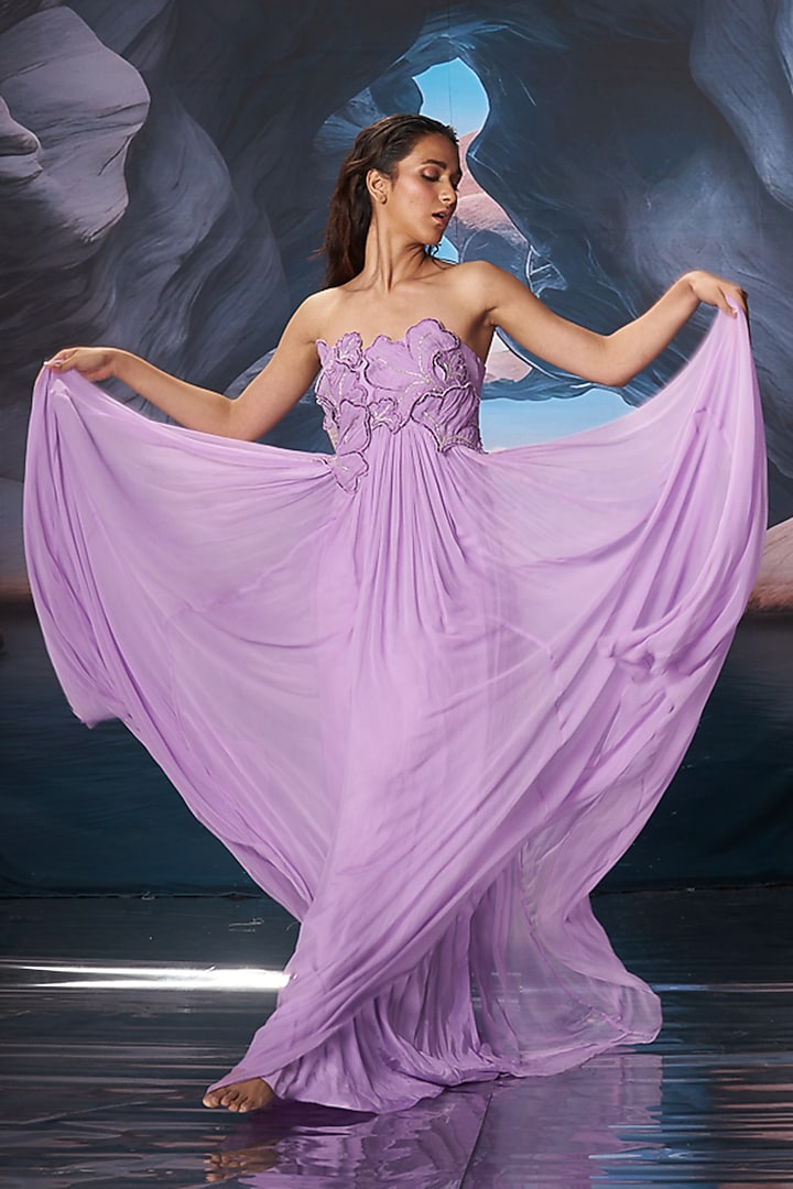 Lilac Chiffon Floral Embroidered Maxi Vacation Dress by AMRTA By Guneet Kondal at Pernia's Pop Up Shop