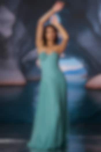 Retro Blue Chiffon Cutdana Hand Embroidered Maxi Vacation Dress by AMRTA By Guneet Kondal at Pernia's Pop Up Shop