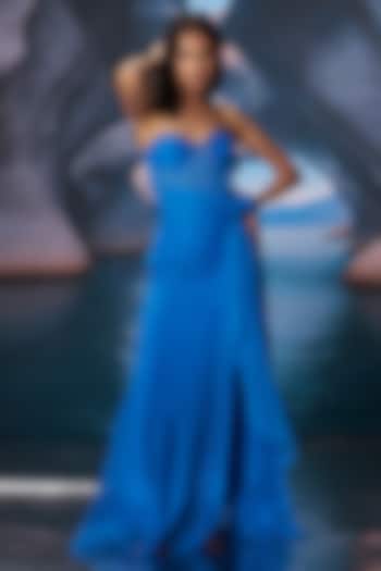 Future Blue Power Mesh & Chiffon Maxi Vacation Dress by AMRTA By Guneet Kondal at Pernia's Pop Up Shop