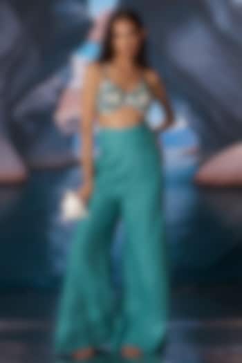 Retro Blue Linen Embroidered Co-Ord Set by AMRTA By Guneet Kondal at Pernia's Pop Up Shop