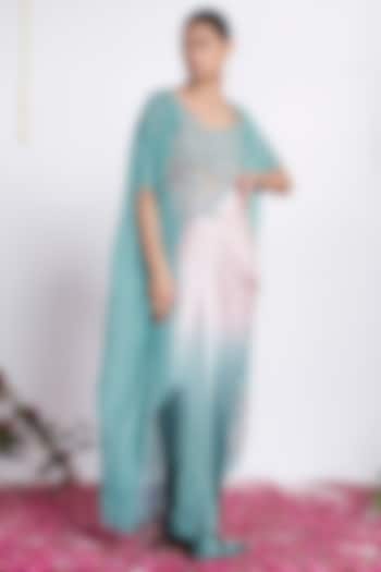 Teal & White Satin Skirt Set by AMRTA By Guneet Kondal at Pernia's Pop Up Shop