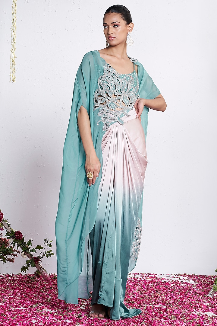 Teal & White Satin Skirt Set by AMRTA By Guneet Kondal at Pernia's Pop Up Shop