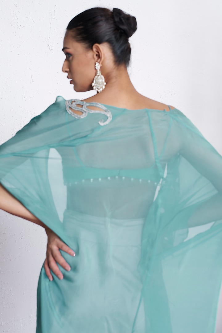 Teal & White Satin Skirt Set by AMRTA By Guneet Kondal at Pernia's Pop Up Shop