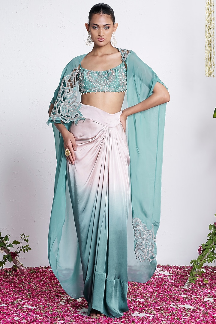 Teal & White Satin Skirt Set by AMRTA By Guneet Kondal at Pernia's Pop Up Shop