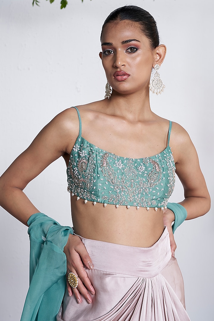 Teal & White Satin Skirt Set by AMRTA By Guneet Kondal at Pernia's Pop Up Shop