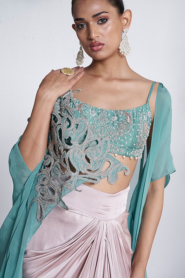 Teal & White Satin Skirt Set by AMRTA By Guneet Kondal at Pernia's Pop Up Shop