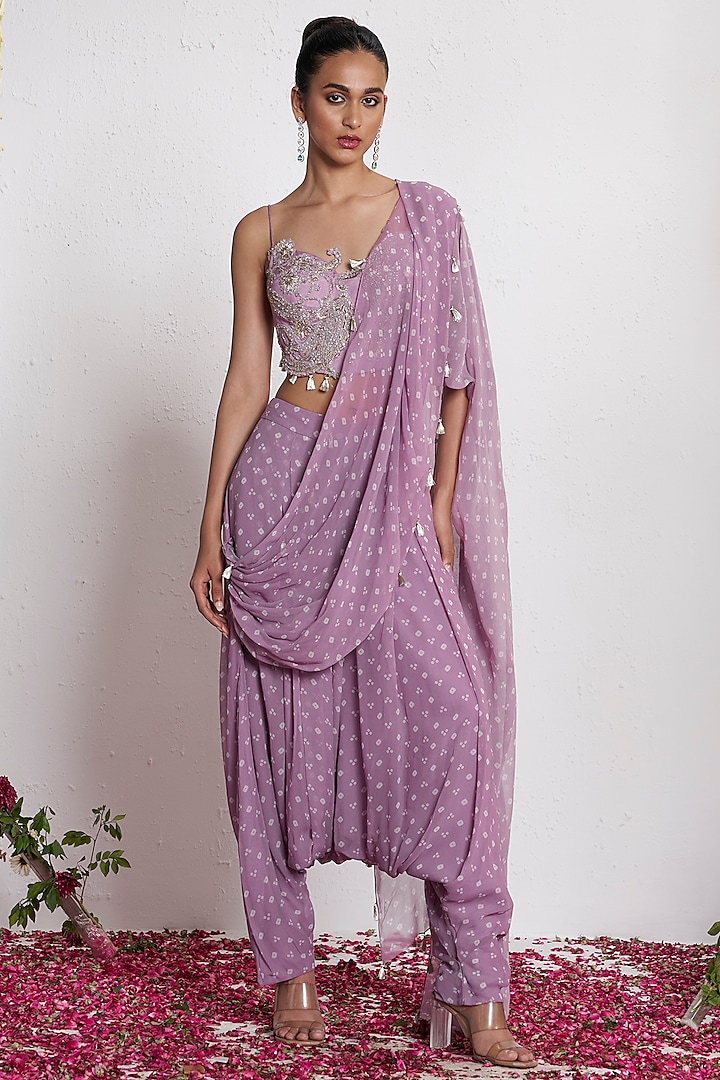 Mauve Georgette Pre-Draped Dhoti Party Wear Saree Set by AMRTA By Guneet Kondal at Pernia's Pop Up Shop