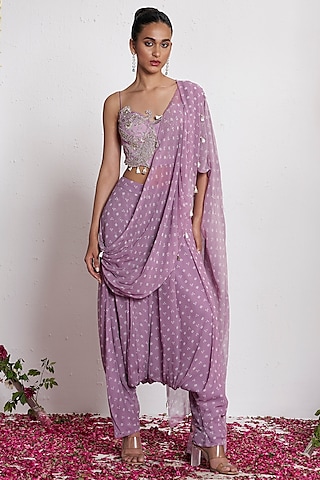Mauve Georgette Pre-Draped Dhoti Saree Set by AMRTA By Guneet Kondal