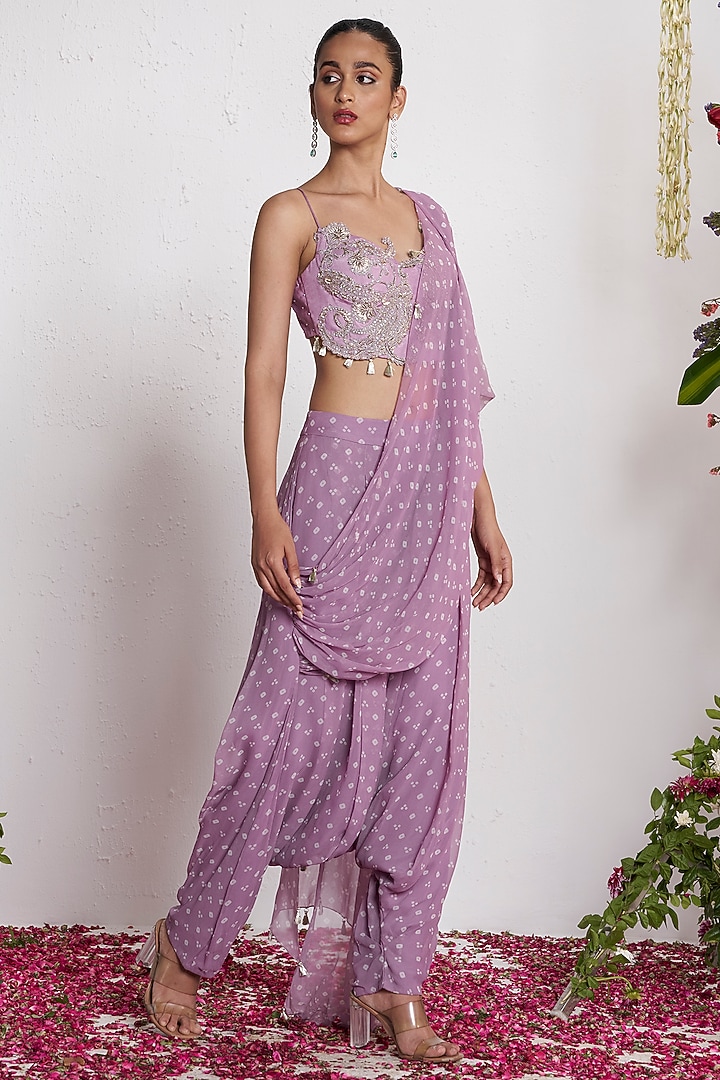 Mauve Georgette Pre-Draped Dhoti Wedding Saree Set by AMRTA By Guneet Kondal at Pernia's Pop Up Shop