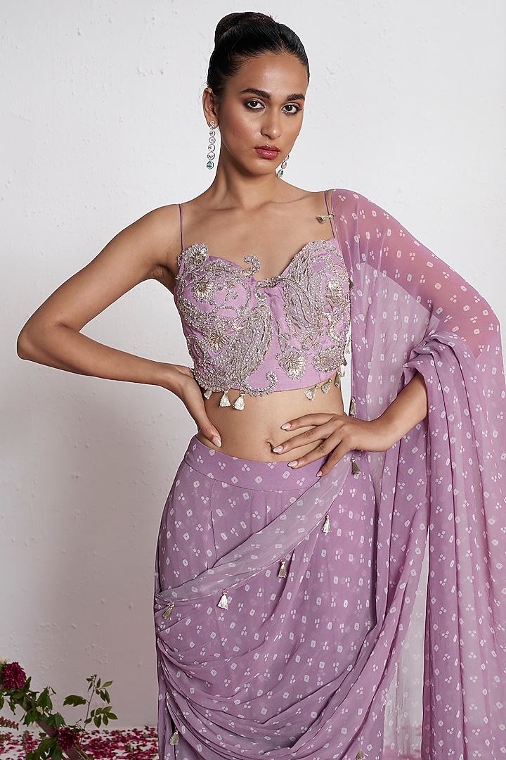 Mauve Georgette Pre-Draped Dhoti Wedding Saree Set by AMRTA By Guneet Kondal at Pernia's Pop Up Shop