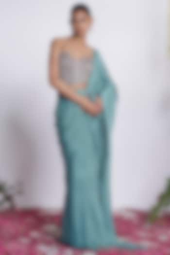 Teal Chinon Pre-Draped Party Wear Saree Set by AMRTA By Guneet Kondal at Pernia's Pop Up Shop