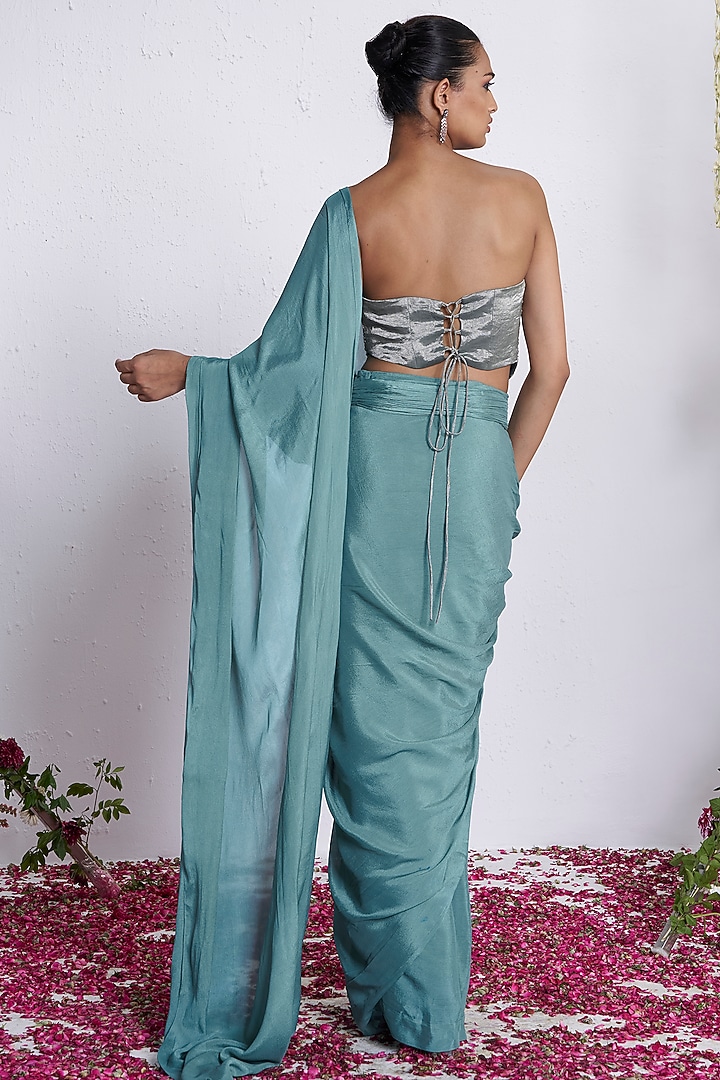 Teal Chinon Pre-Draped Wedding Saree Set by AMRTA By Guneet Kondal at Pernia's Pop Up Shop