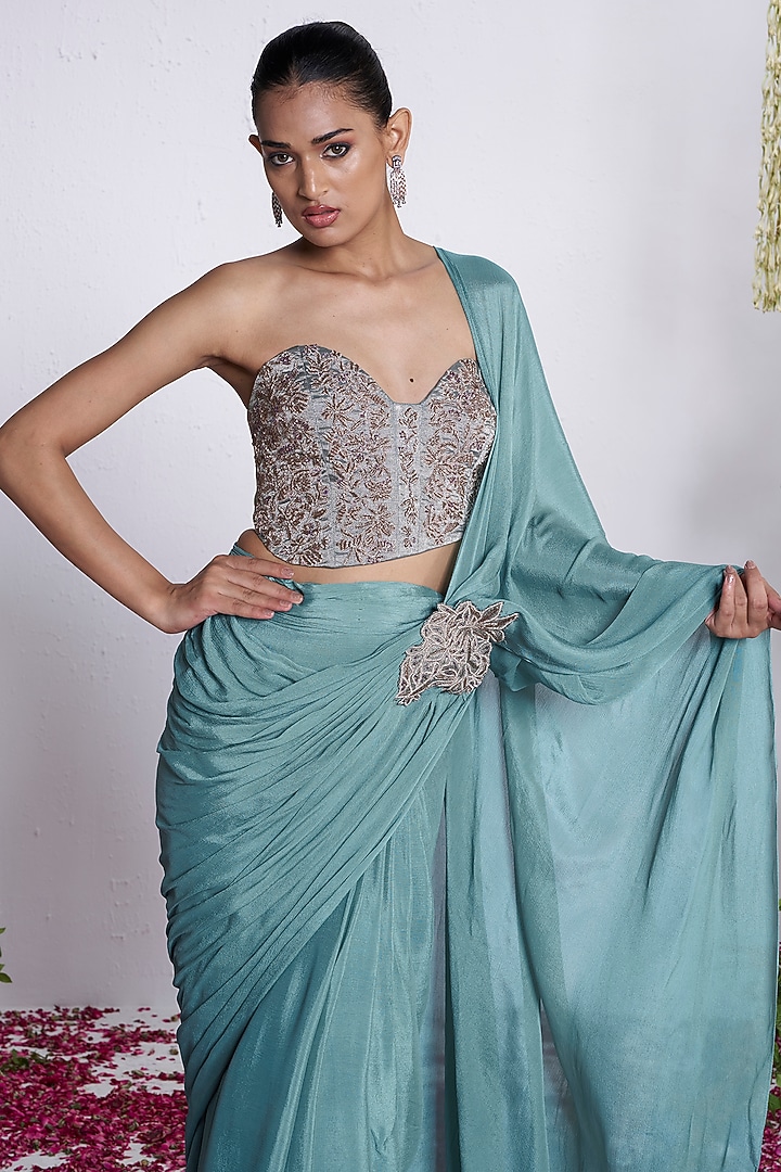 Teal Chinon Pre-Draped Wedding Saree Set by AMRTA By Guneet Kondal at Pernia's Pop Up Shop