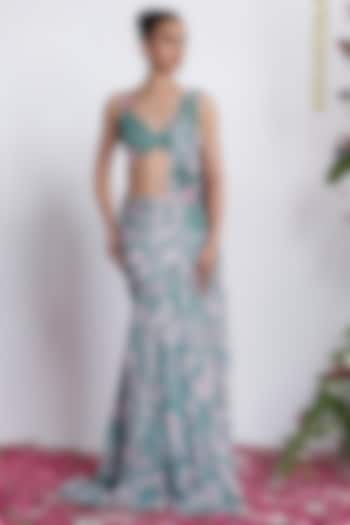 Teal Chinon Floral Applique Embellished Pre-Draped Wedding Gown Saree Set by AMRTA By Guneet Kondal at Pernia's Pop Up Shop