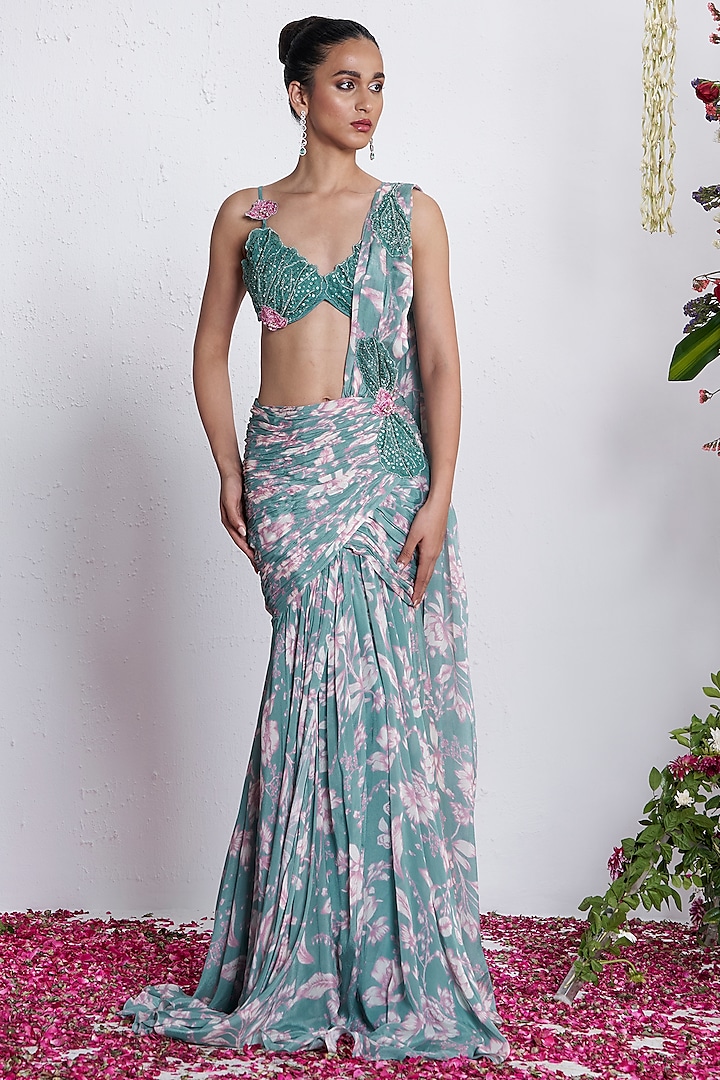 Teal Chinon Floral Applique Embellished Pre-Draped Wedding Gown Saree Set by AMRTA By Guneet Kondal at Pernia's Pop Up Shop
