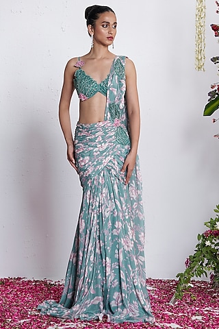 Teal Chinon Floral Applique Embellished Pre-Draped Gown Saree Set by AMRTA By Guneet Kondal