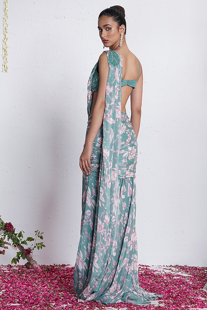 Teal Chinon Floral Applique Embellished Pre-Draped Wedding Gown Saree Set by AMRTA By Guneet Kondal at Pernia's Pop Up Shop