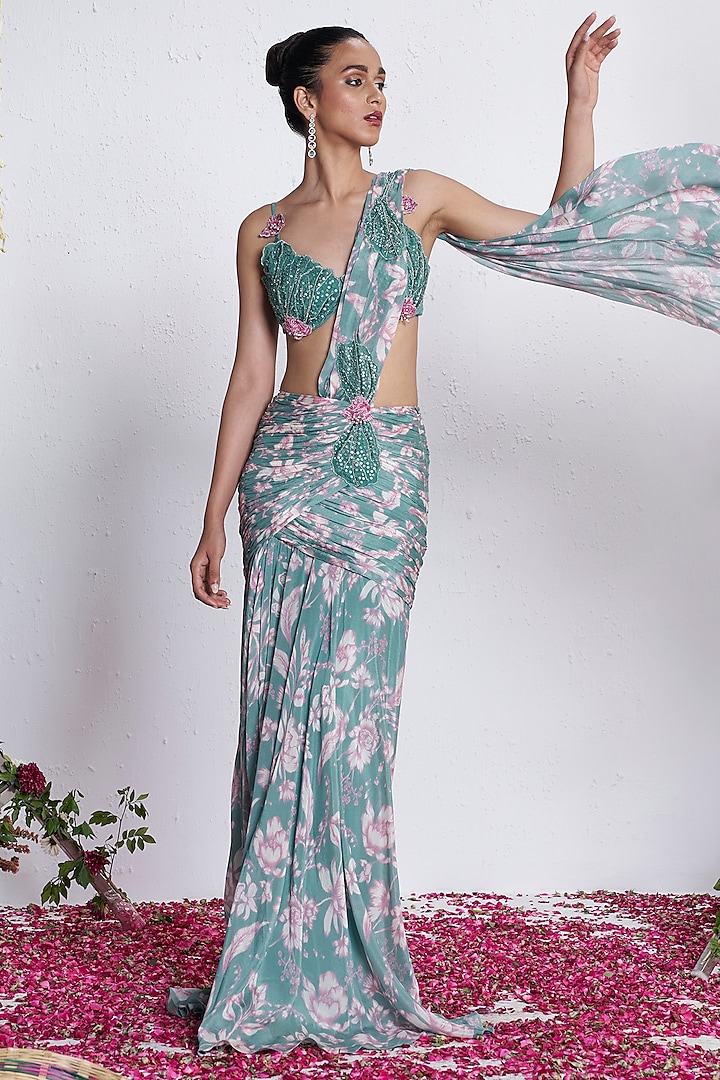 Teal Chinon Floral Applique Embellished Pre-Draped Wedding Gown Saree Set by AMRTA By Guneet Kondal at Pernia's Pop Up Shop