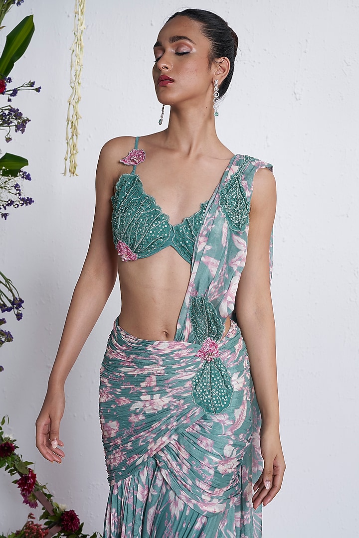 Teal Chinon Floral Applique Embellished Pre-Draped Wedding Gown Saree Set by AMRTA By Guneet Kondal at Pernia's Pop Up Shop