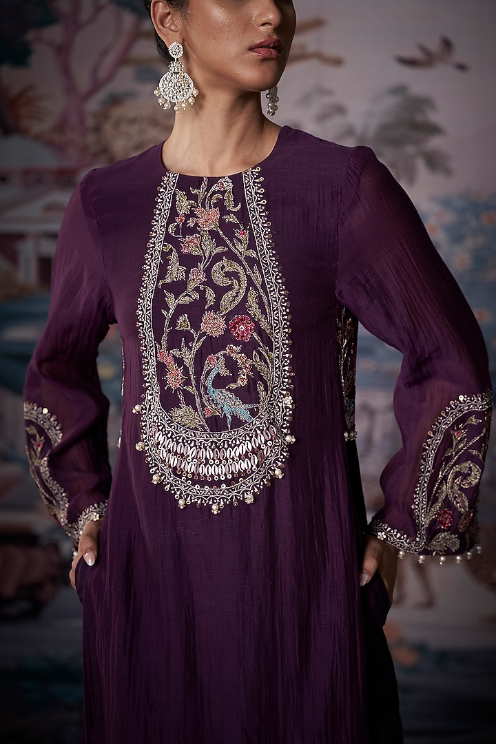 Purple Silk Chanderi Embroidered Kurta Set by AMRTA By Guneet Kondal at Pernia's Pop Up Shop