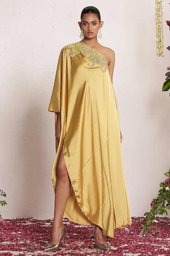 Subtle Yellow Satin One-Shoulder Kaftan by AMRTA By Guneet Kondal at Pernia's Pop Up Shop