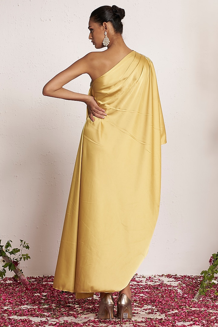 Subtle Yellow Satin One-Shoulder Kaftan by AMRTA By Guneet Kondal at Pernia's Pop Up Shop