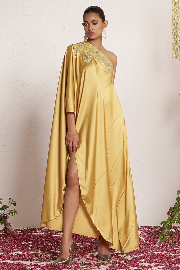 Subtle Yellow Satin One-Shoulder Kaftan by AMRTA By Guneet Kondal at Pernia's Pop Up Shop