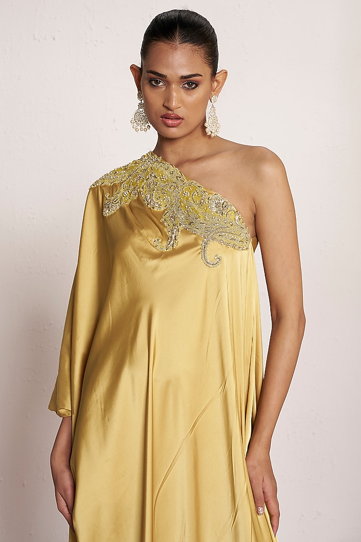 Subtle Yellow Satin One-Shoulder Kaftan by AMRTA By Guneet Kondal at Pernia's Pop Up Shop