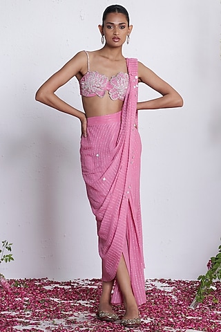 Pink Georgette Mirror Work Pre-Draped Skirt Saree Set by AMRTA By Guneet Kondal