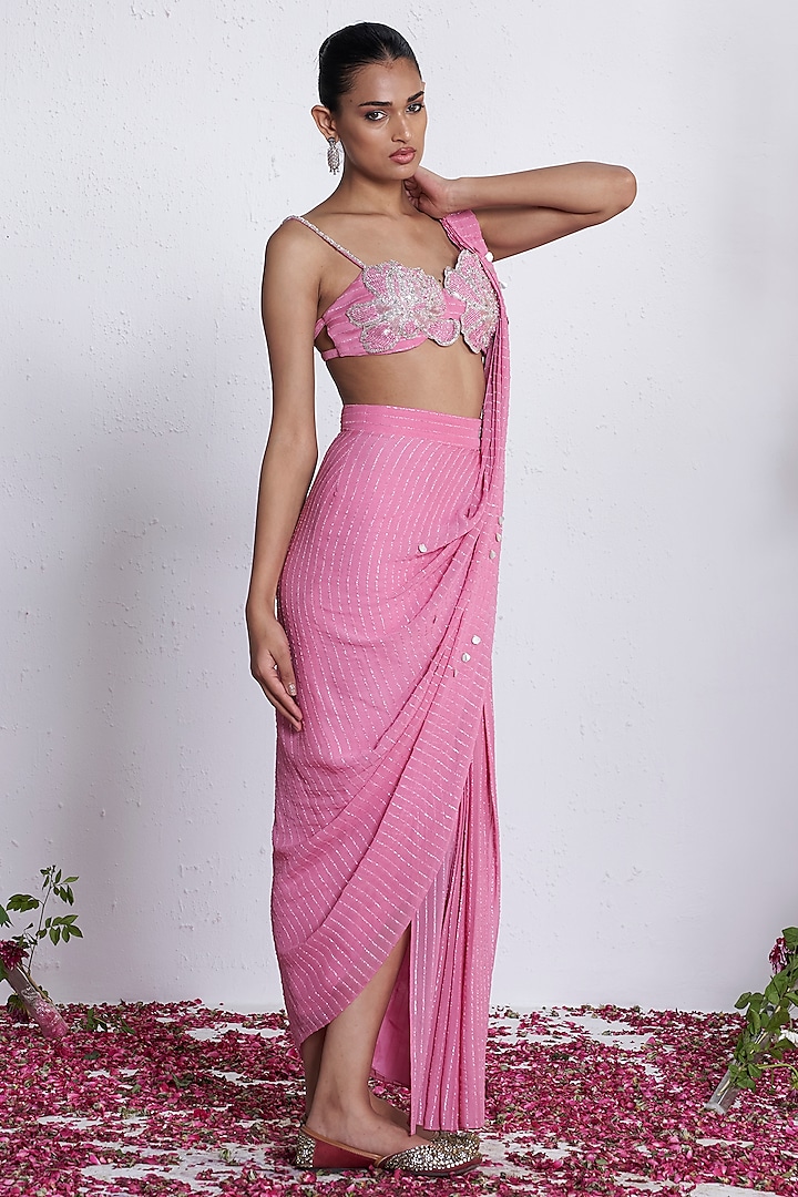 Pink Georgette Mirror Work Pre-Draped Skirt Party Wear Saree Set by AMRTA By Guneet Kondal at Pernia's Pop Up Shop