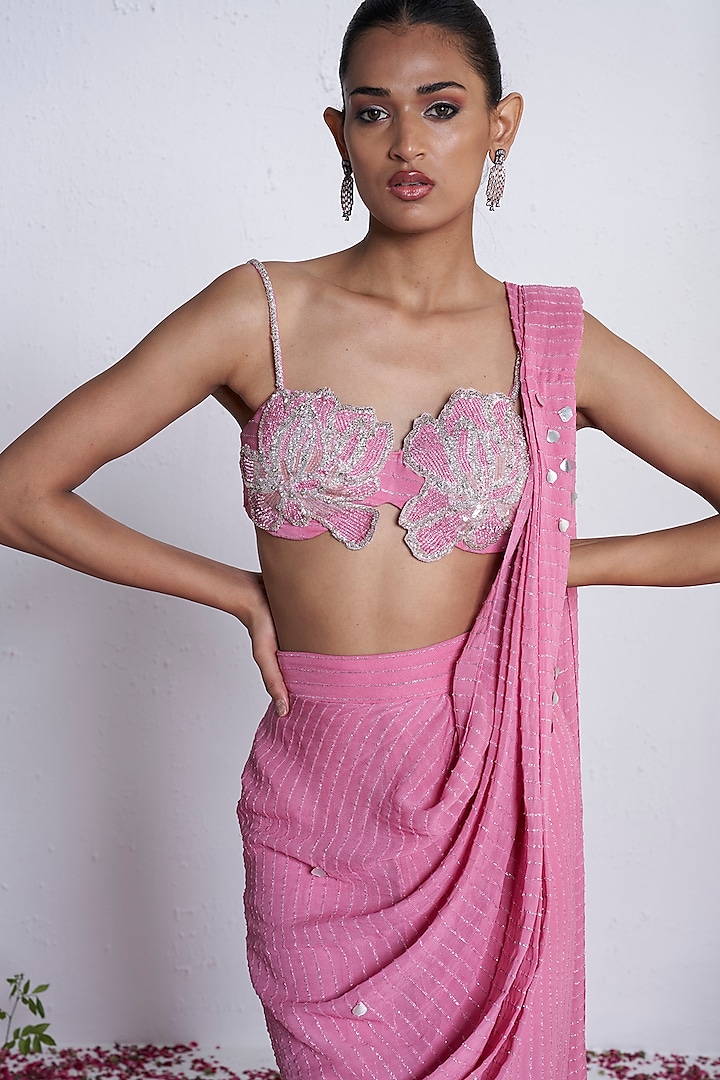 Pink Georgette Mirror Work Pre-Draped Skirt Party Wear Saree Set by AMRTA By Guneet Kondal at Pernia's Pop Up Shop