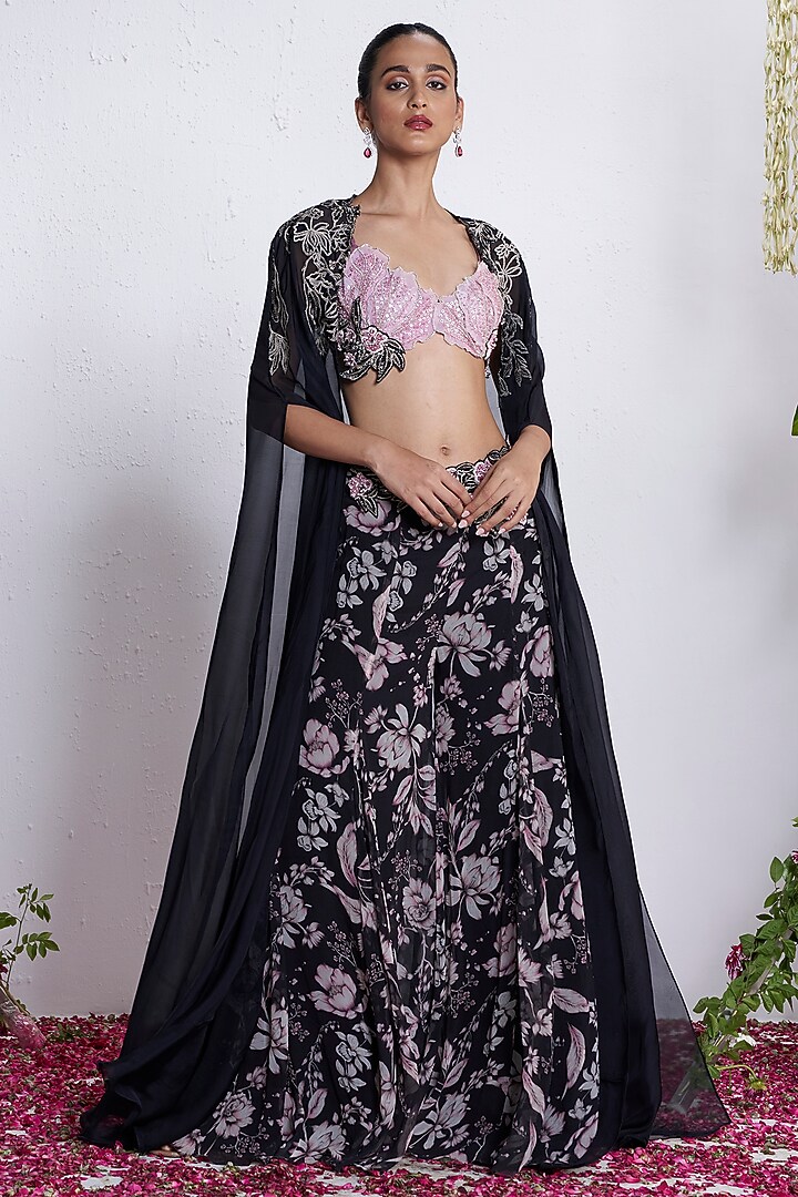 Black & Pink Organza Wedding Sharara Set by AMRTA By Guneet Kondal at Pernia's Pop Up Shop