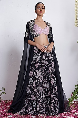 Black & Pink Organza Sharara Set by AMRTA By Guneet Kondal