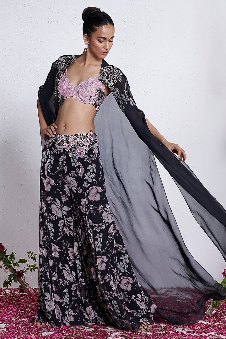 Black & Pink Organza Wedding Sharara Set by AMRTA By Guneet Kondal at Pernia's Pop Up Shop