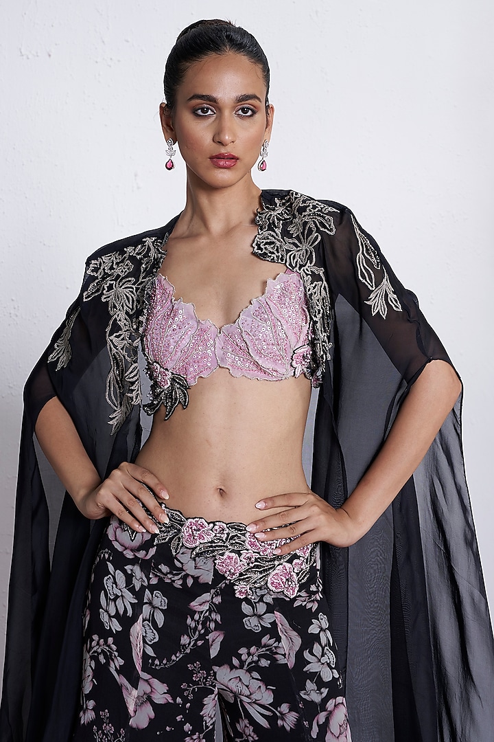 Black & Pink Organza Wedding Sharara Set by AMRTA By Guneet Kondal at Pernia's Pop Up Shop