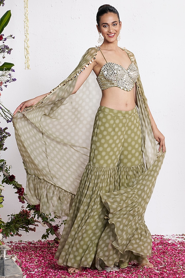 Green Georgette Printed Wedding Sharara Set by AMRTA By Guneet Kondal at Pernia's Pop Up Shop