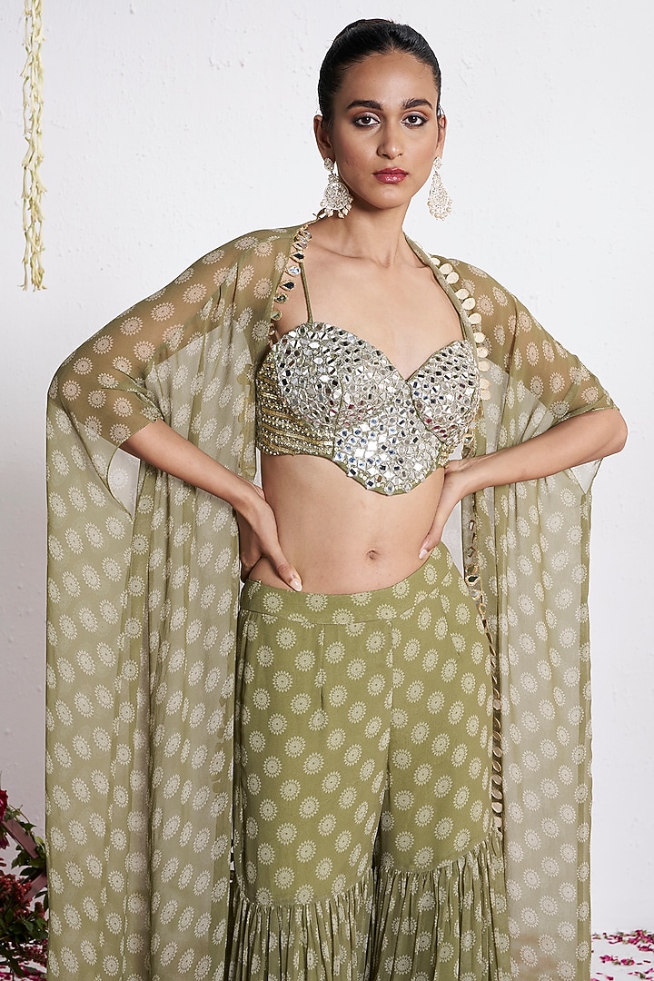 Green Georgette Printed Wedding Sharara Set by AMRTA By Guneet Kondal at Pernia's Pop Up Shop