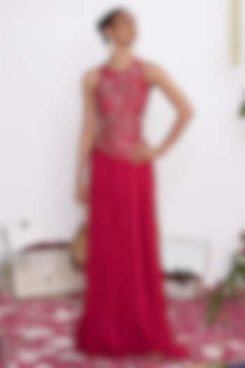 Rani Pink Chinon Skirt Set by AMRTA By Guneet Kondal at Pernia's Pop Up Shop