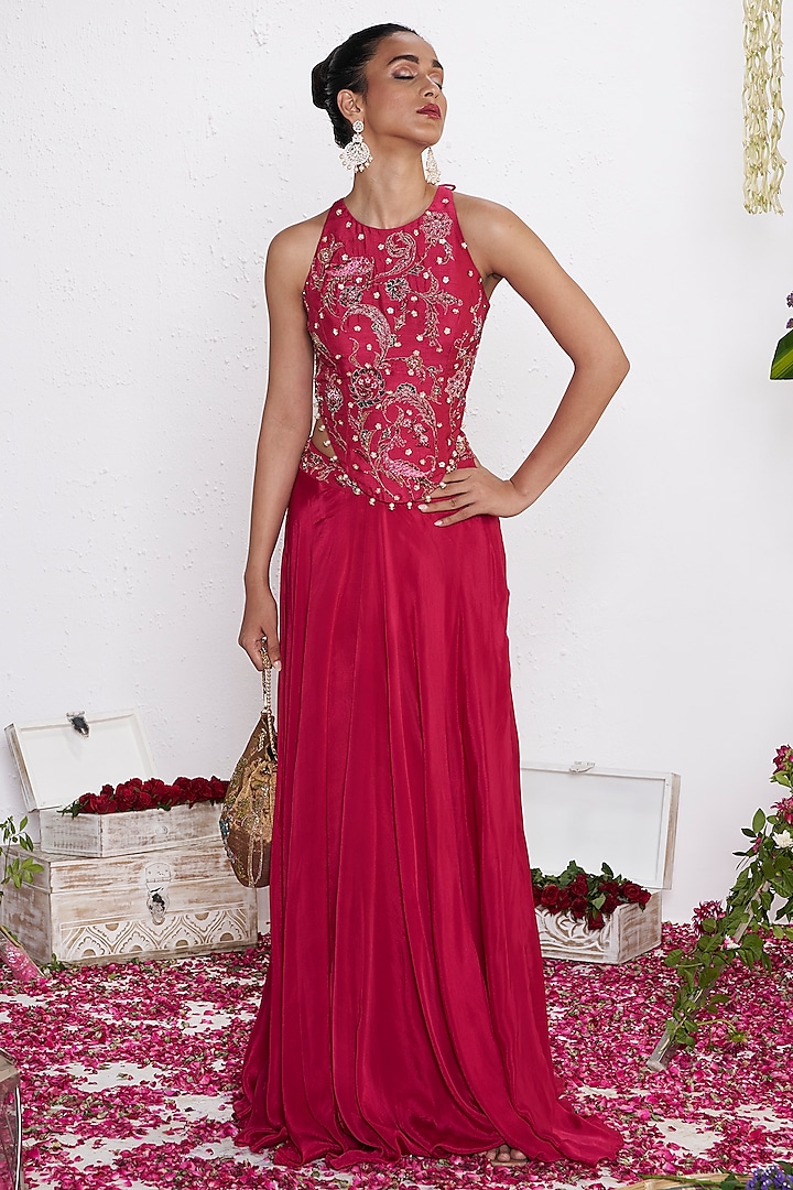 Rani Pink Chinon Skirt Set by AMRTA By Guneet Kondal at Pernia's Pop Up Shop