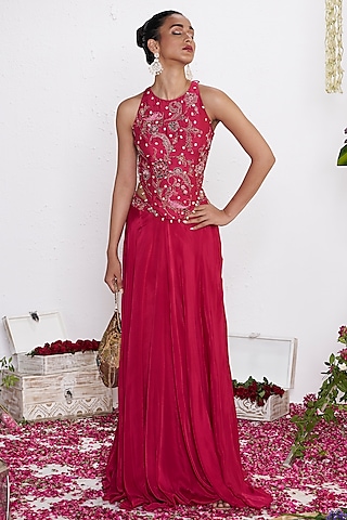 Rani Pink Chinon Skirt Set by AMRTA By Guneet Kondal