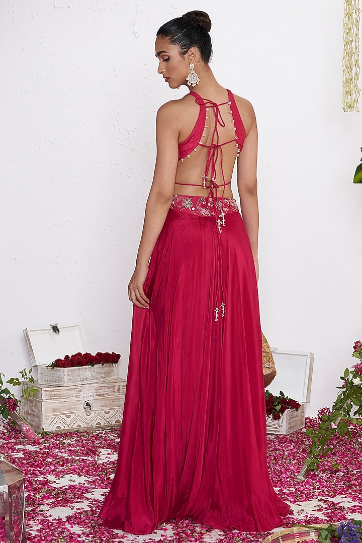 Rani Pink Chinon Skirt Set by AMRTA By Guneet Kondal at Pernia's Pop Up Shop