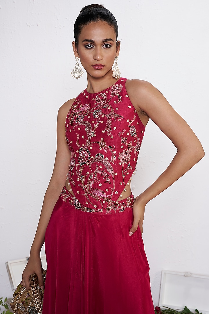 Rani Pink Chinon Skirt Set by AMRTA By Guneet Kondal at Pernia's Pop Up Shop
