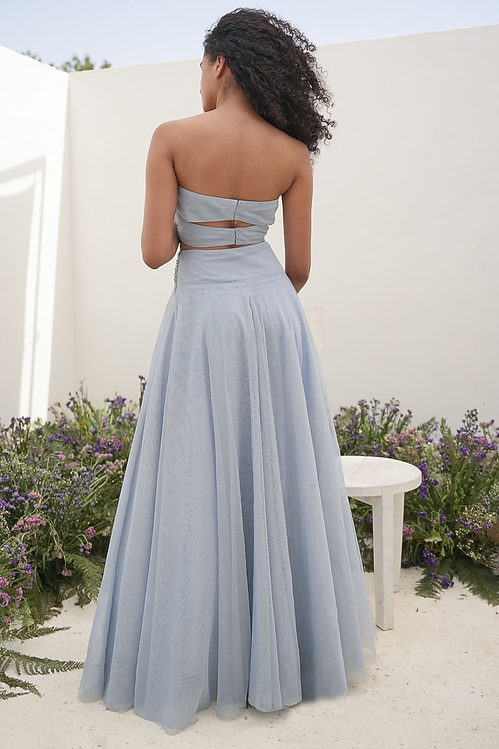 Powder Blue Tulle Hand Embroidered Skirt Set by AMRTA By Guneet Kondal at Pernia's Pop Up Shop