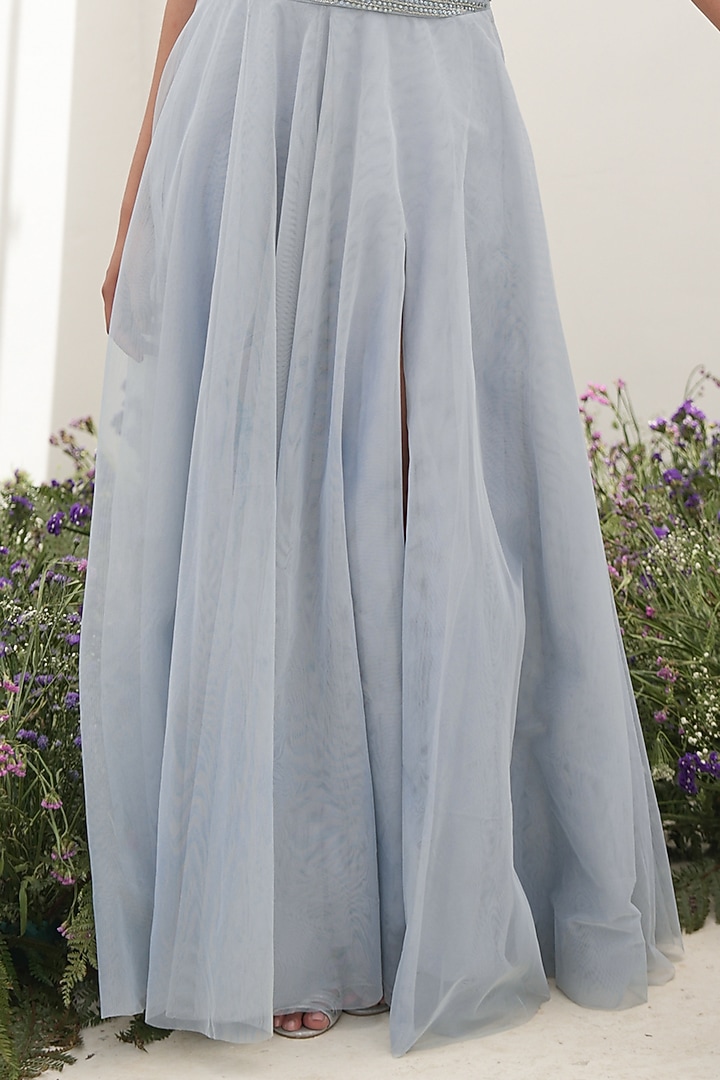 Powder Blue Tulle Hand Embroidered Skirt Set by AMRTA By Guneet Kondal at Pernia's Pop Up Shop