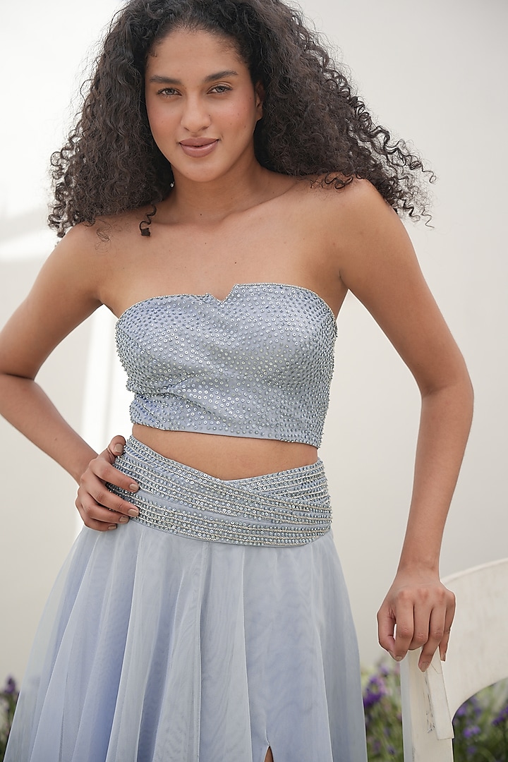 Powder Blue Tulle Hand Embroidered Skirt Set by AMRTA By Guneet Kondal at Pernia's Pop Up Shop