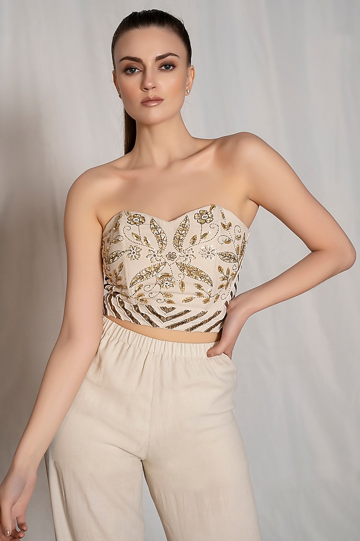 Ivory Viscose Moss Crepe Hand Embroidered Co-Ord Set by AMRTA By Guneet Kondal at Pernia's Pop Up Shop