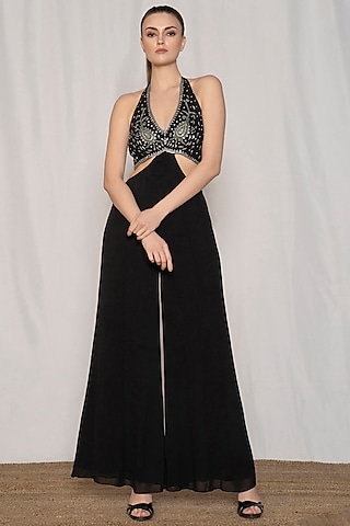 Black Viscose Georgette Embroidered Jumpsuit by AMRTA By Guneet Kondal