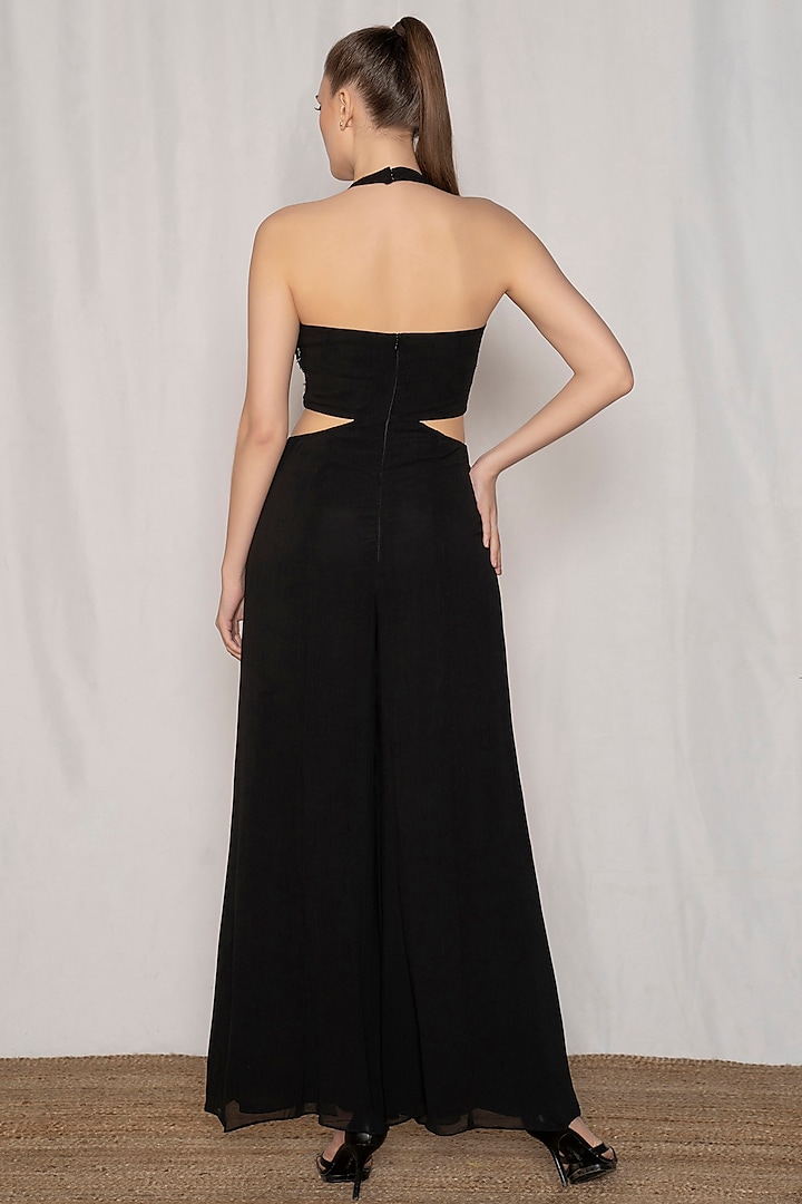 Black Viscose Georgette Embroidered Jumpsuit by AMRTA By Guneet Kondal at Pernia's Pop Up Shop