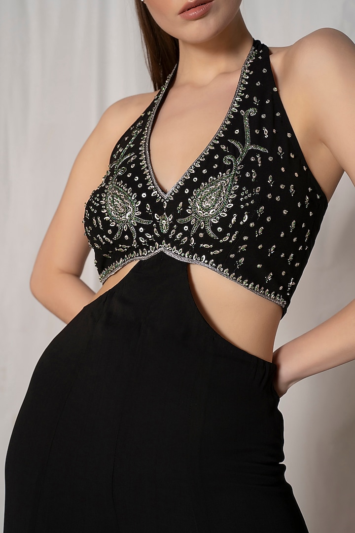Black Viscose Georgette Embroidered Jumpsuit by AMRTA By Guneet Kondal at Pernia's Pop Up Shop